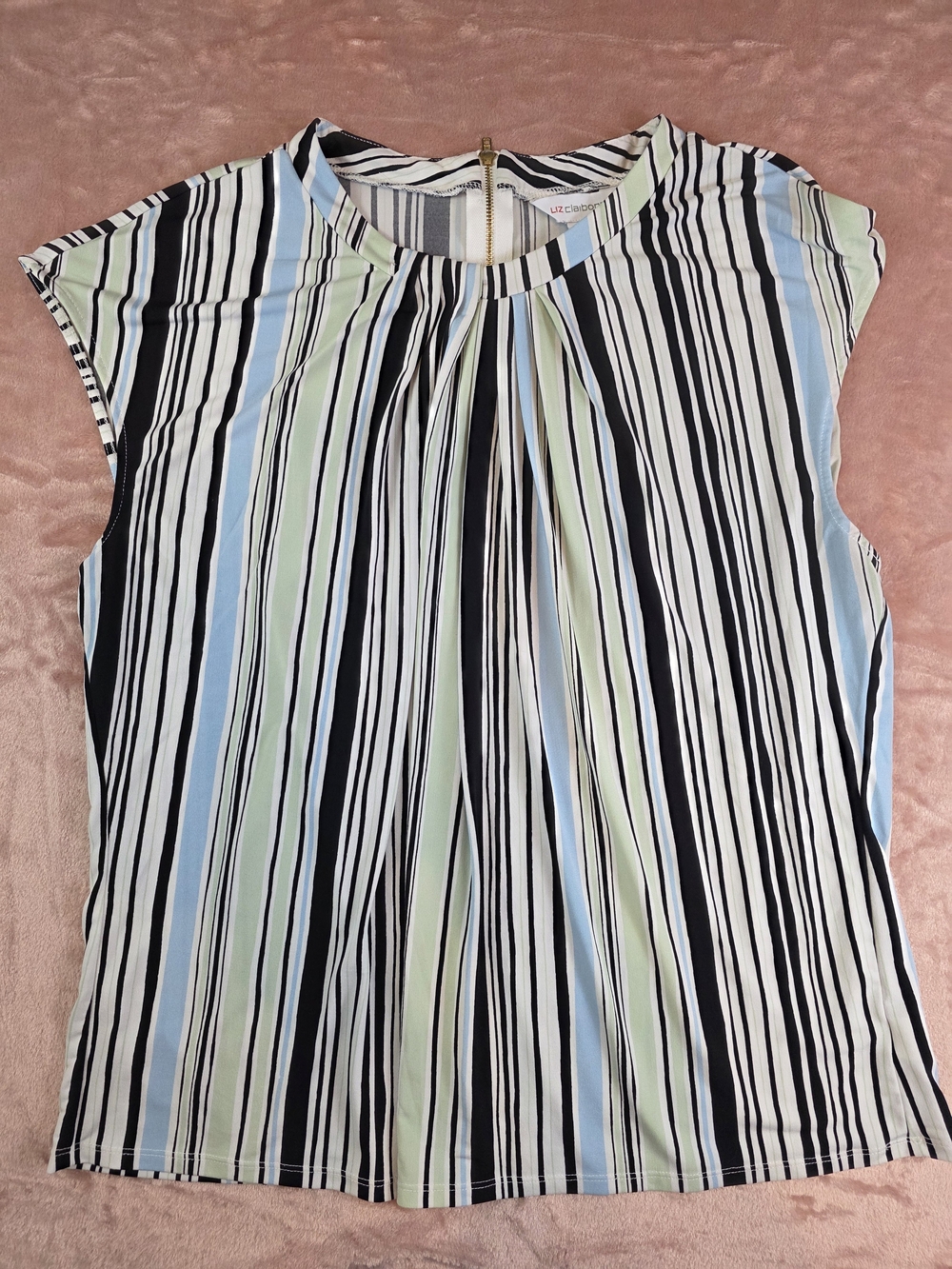 Liz Claiborne Black, White, Light Blue & Sage Green Striped Cap-Sleeve Top
